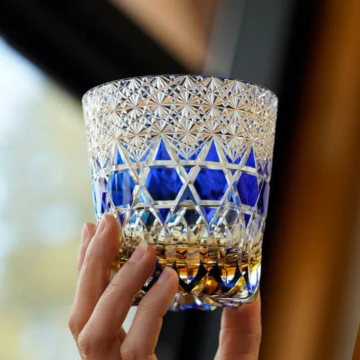 Edo Kiriko Sapphire Fluorite Whisky Glass – Hand-Carved Premium Crystal Glass | Prismatic Brilliance