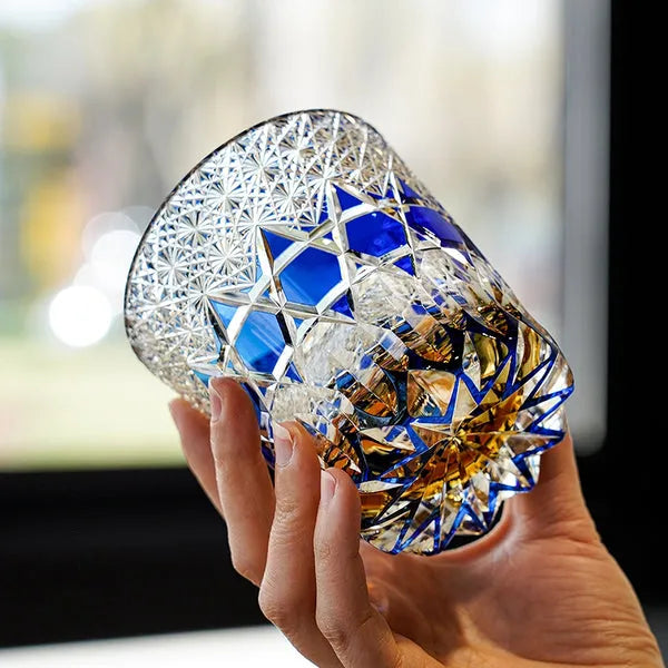 Edo Kiriko Sapphire Fluorite Whisky Glass – Hand-Carved Premium Crystal Glass | Prismatic Brilliance