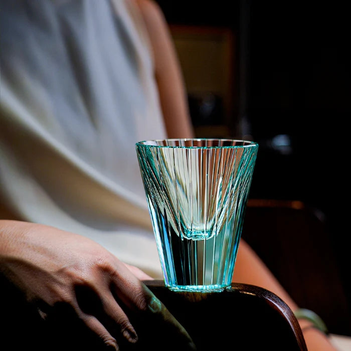Edo Kiriko Hand-Carved Emerald Starlit Guqin Lead-Free Premium Crystal Whiskey Glass – A Symphony of Light and Heritage