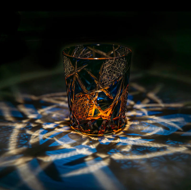 Edo Kiriko Hand-Carved Dark Blue Lightning Pattern Whiskey Glass — A Strike of Power, Craft, and Elegance
