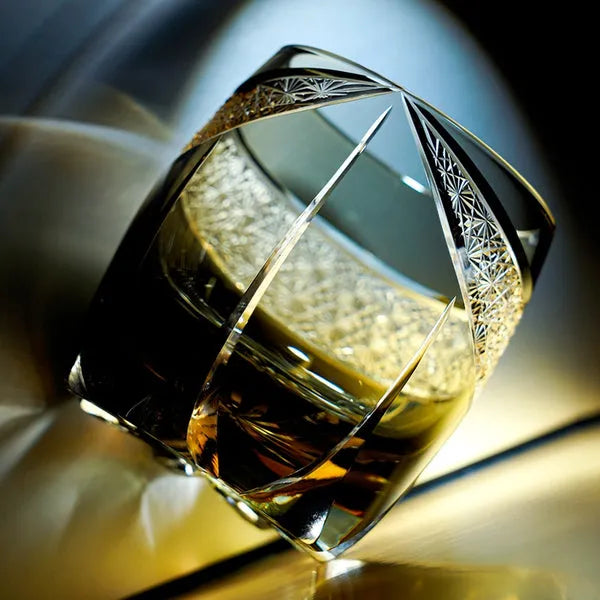 Edo Kiriko Obsidian Lightning Whisky Glass – Hand-Carved Premium Crystal Glass | Dark Majesty