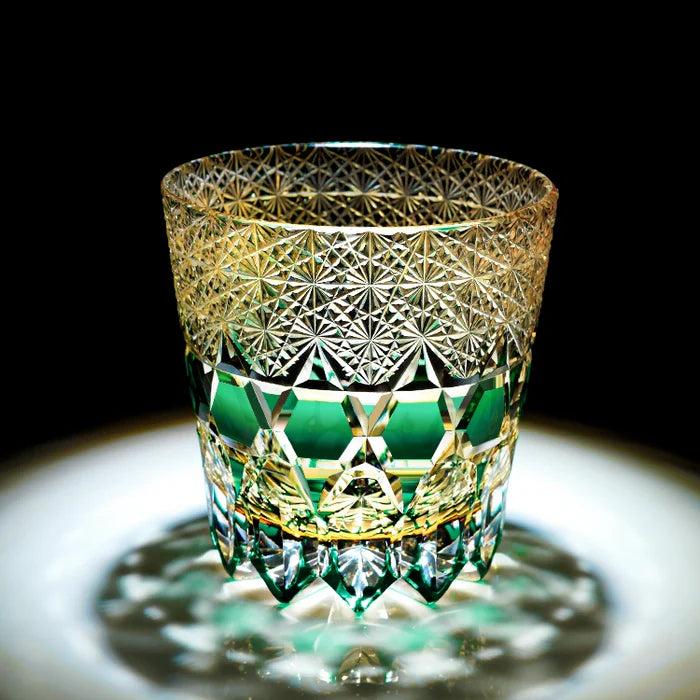 Edo Kiriko Hand-Carved Emerald Fluorite Whiskey Glass – A Verdant Glimmer of Radiance