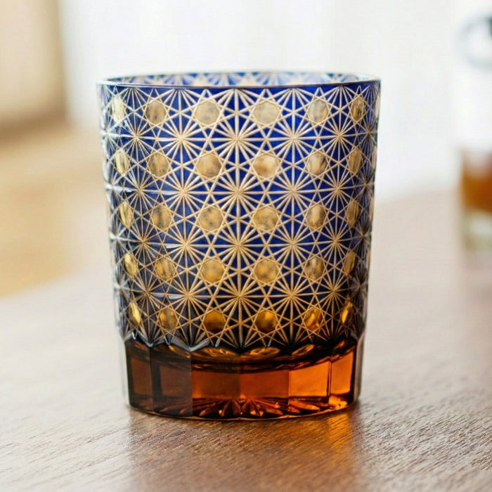 Edo Kiriko Amber Star Chrysanthemum Whisky Glass – Hand-Carved Premium Crystal Glass | Twilight Radiance