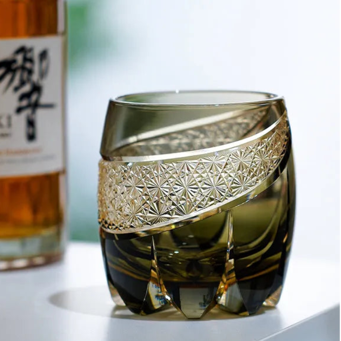 Edo Kiriko Obsidian Lightning Whisky Glass – Hand-Carved Premium Crystal Glass | Dark Majesty