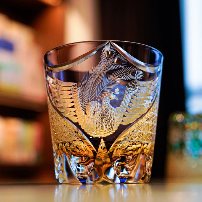 Edo Kiriko Hand-Carved Dancing Phoenix Whiskey Glass – A Soaring Symphony in Crystal