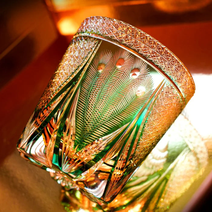 Edo Kiriko Emerald Peacock Whisky Glass – Hand-Carved Premium Crystal Glass | Opulent Beauty