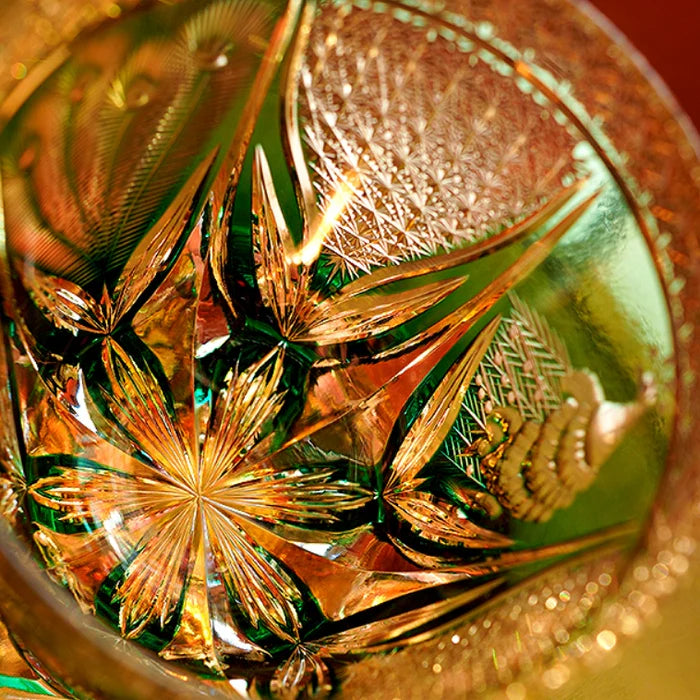 Edo Kiriko Emerald Peacock Whisky Glass – Hand-Carved Premium Crystal Glass | Opulent Beauty