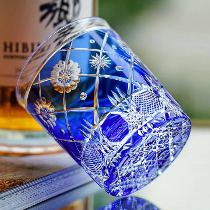 Edo Kiriko Royal Blue Kohana Blossom Whisky Glass – Hand-Carved Premium Crystal Glass | Sapphire Garden