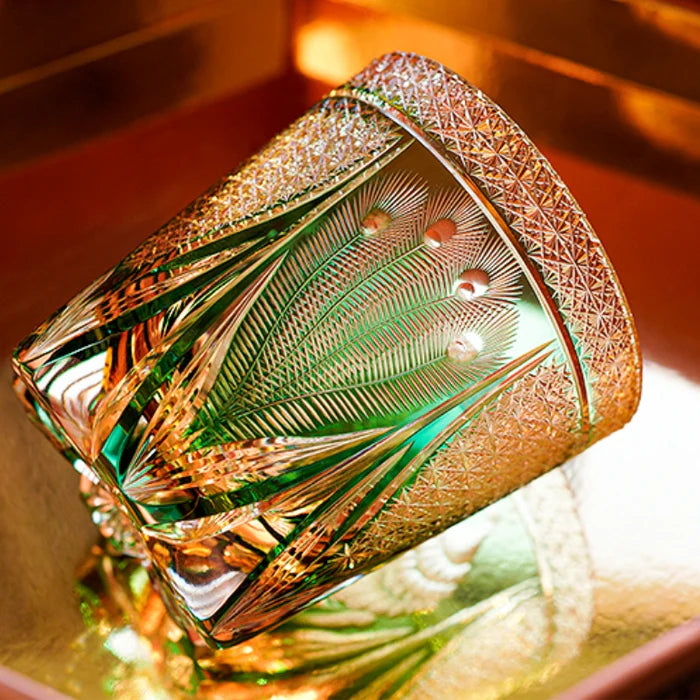 Edo Kiriko Hand-Carved Emerald Peacock Whiskey Glass – A Verdant Gem of Japanese Artistry
