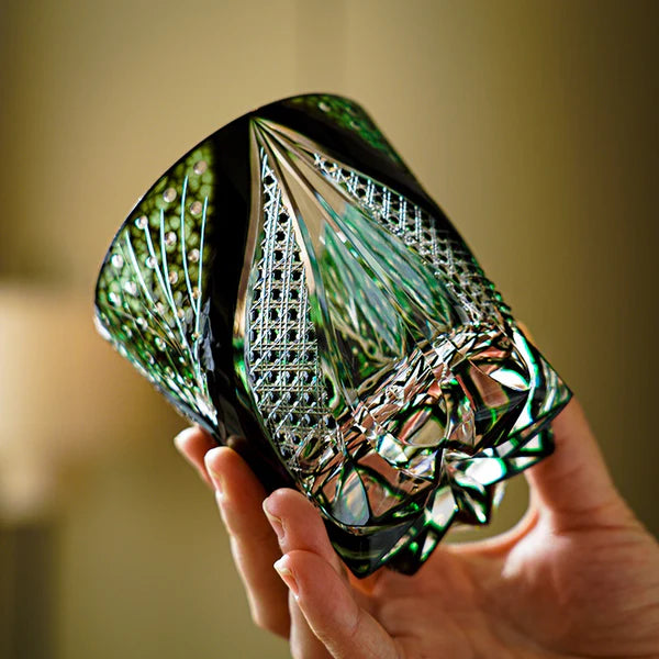 Edo Kiriko Emerald Serpent Whisky Glass – Hand-Carved Premium Crystal Glass | Wisdom & Renewal