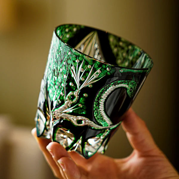 Edo Kiriko Emerald Serpent Whisky Glass – Hand-Carved Premium Crystal Glass | Wisdom & Renewal