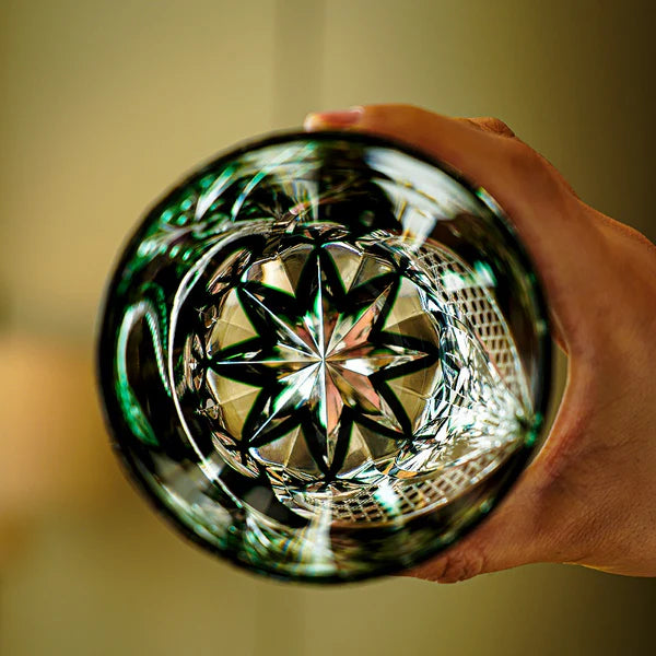 Edo Kiriko Hand-Carved Emerald Serpent Whisky Glass – A Guardian of Transformation in Crystal