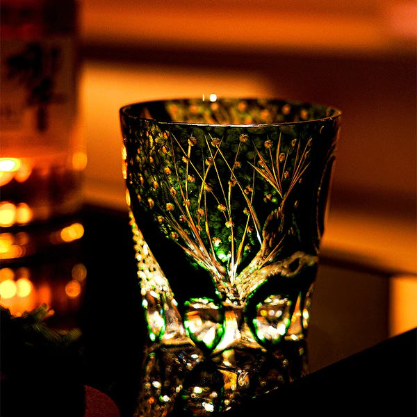 Edo Kiriko Hand-Carved Emerald Serpent Whisky Glass – A Guardian of Transformation in Crystal