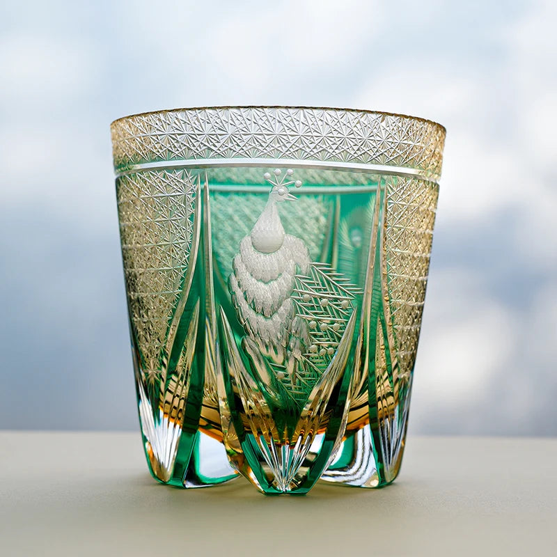 Edo Kiriko Emerald Peacock Whisky Glass – Hand-Carved Premium Crystal Glass | Opulent Beauty