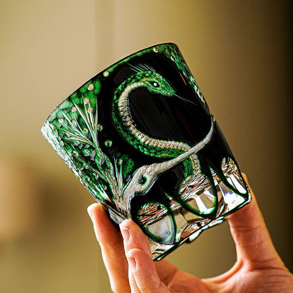 Edo Kiriko Emerald Serpent Whisky Glass – Hand-Carved Premium Crystal Glass | Wisdom & Renewal