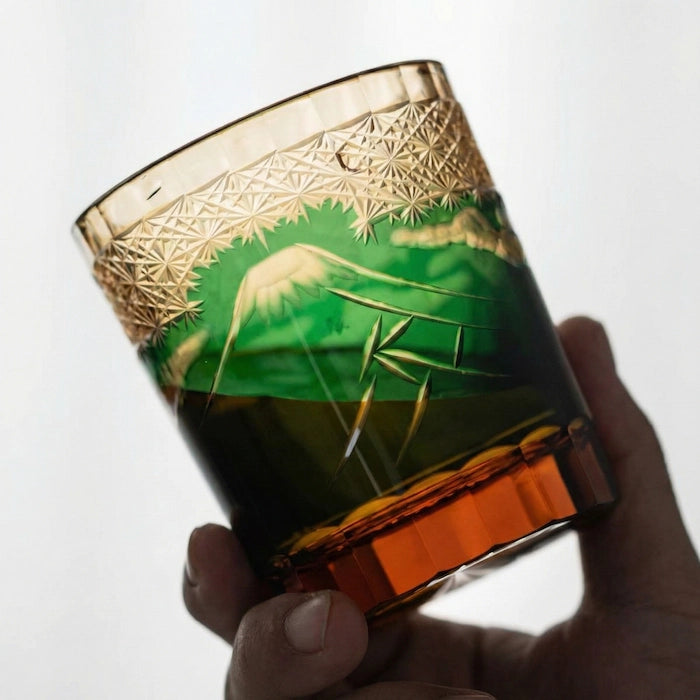 Edo Kiriko Emerald Mount Fuji Whisky Glass – Hand-Carved Premium Crystal Glass | Mountain's Majesty