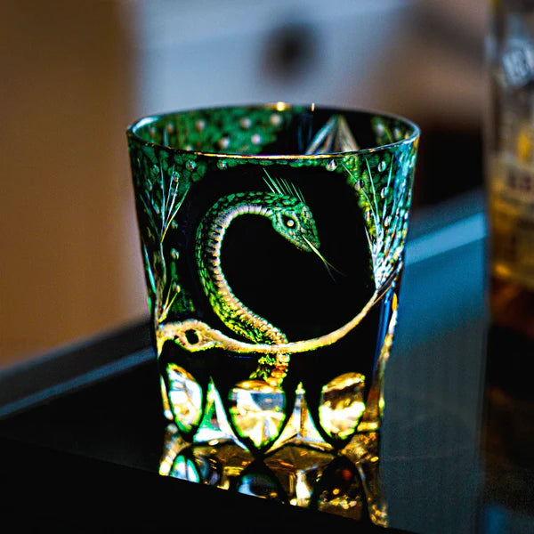 Edo Kiriko Emerald Serpent Whisky Glass – Hand-Carved Premium Crystal Glass | Wisdom & Renewal