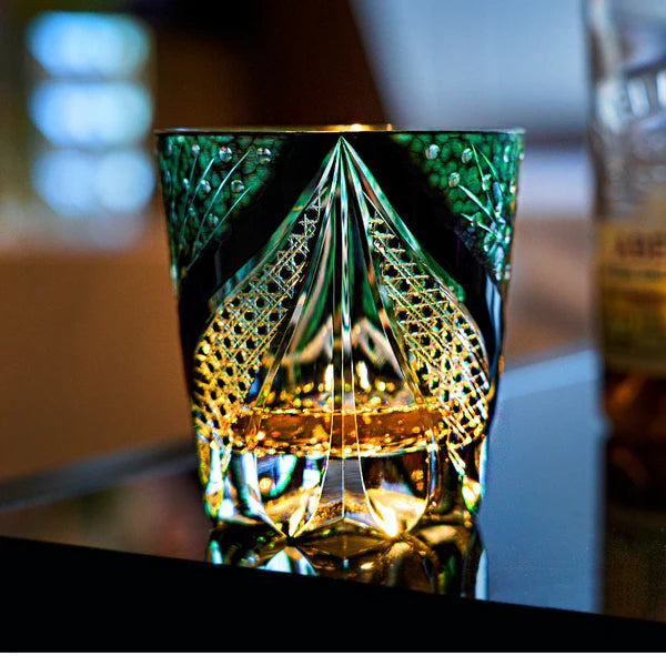 Edo Kiriko Hand-Carved Emerald Serpent Whisky Glass – A Guardian of Transformation in Crystal