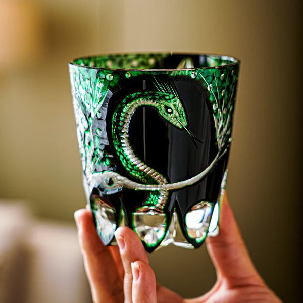 Edo Kiriko Hand-Carved Emerald Serpent Whisky Glass – A Guardian of Transformation in Crystal