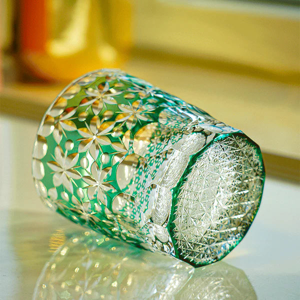 Edo Kiriko Sakura Snow Whisky Glass – Turquoise – Hand-Carved Premium Crystal Glass | Forest Bloom