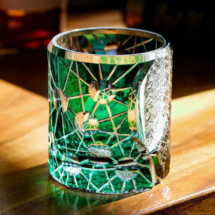 Edo Kiriko Night Jewel Whisky Glass – Emerald – Hand-Carved Premium Crystal Glass | Starlit Aurora