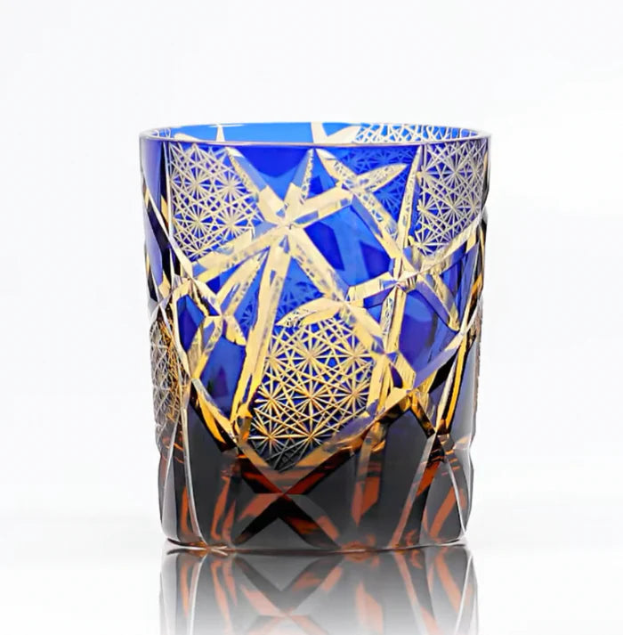 Edo Kiriko Hand-Carved Dark Blue Lightning Pattern Whiskey Glass — A Strike of Power, Craft, and Elegance