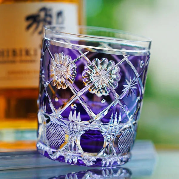 Edo Kiriko Violet Kohana Blossom Whisky Glass – Hand-Carved Premium Crystal Glass | Garden of Light