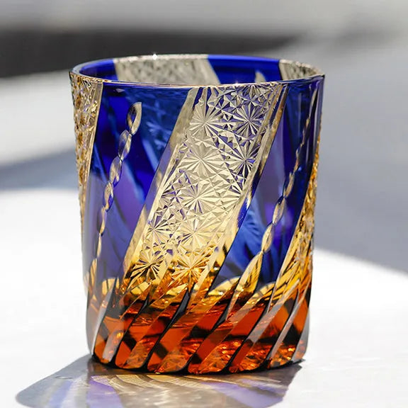 Edo Kiriko Amber & Sapphire Chrysanthemum Whisky Glass – Hand-Carved Premium Crystal Glass | Floating Elegance