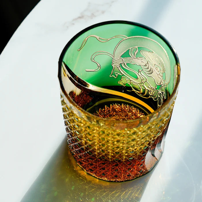 Edo Kiriko Hand-Carved Fujin Whisky Glass – A Dance of Divine Wind