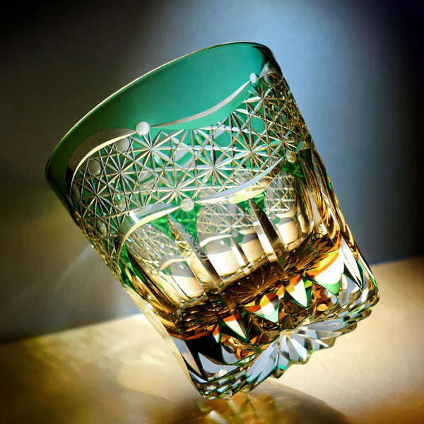 Edo Kiriko Hand-Carved Emerald Prism Whisky Glass – A Prism of Vitality and Timeless Grace