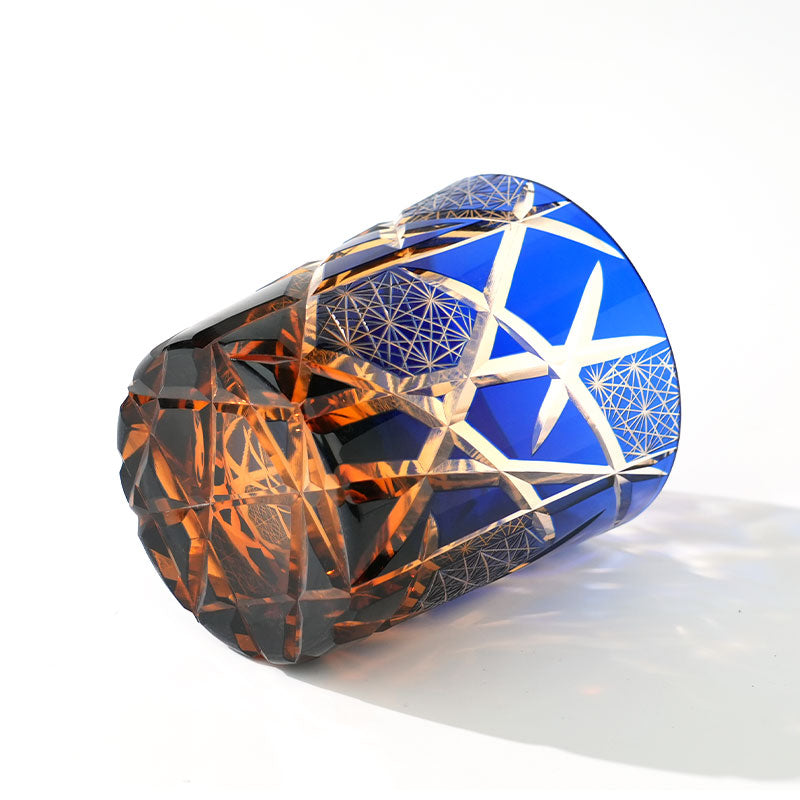Edo Kiriko Hand-Carved Dark Blue Lightning Pattern Whiskey Glass — A Strike of Power, Craft, and Elegance