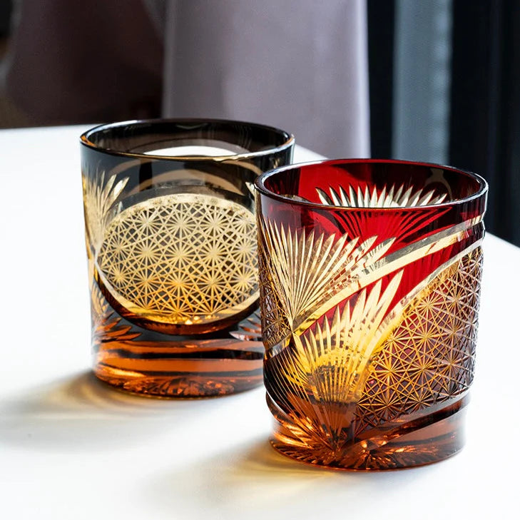 Edo Kiriko Hand-Carved Red Crane Feather Whiskey Glass – Wings of Grace, Cuts of Eternity