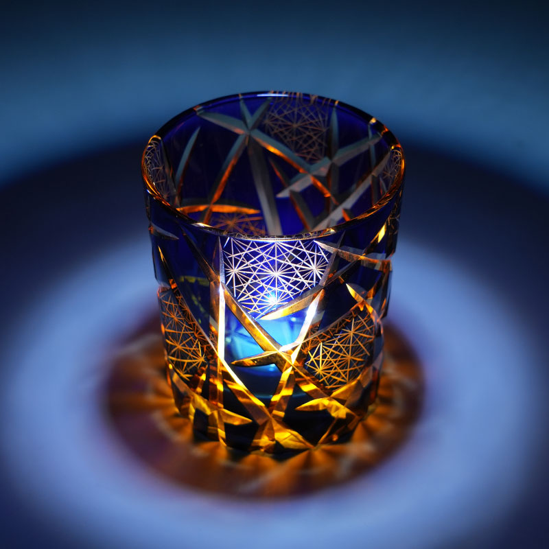 Edo Kiriko Hand-Carved Dark Blue Lightning Pattern Whiskey Glass — A Strike of Power, Craft, and Elegance