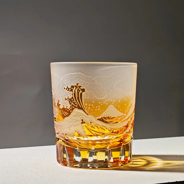 Edo Kiriko Golden Fuji Wave Whisky Glass – Hand-Carved Premium Crystal Glass | Radiant Energy