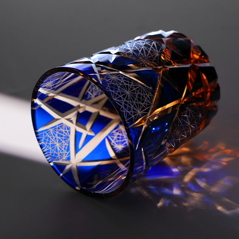 Edo Kiriko Hand-Carved Dark Blue Lightning Pattern Whiskey Glass — A Strike of Power, Craft, and Elegance