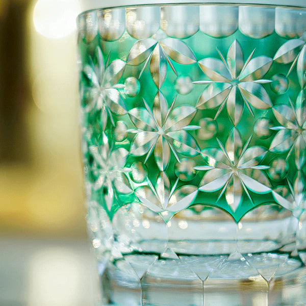 Edo Kiriko Sakura Snow Whisky Glass – Turquoise – Hand-Carved Premium Crystal Glass | Forest Bloom