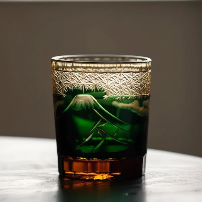 Edo Kiriko Emerald Mount Fuji Whisky Glass – Hand-Carved Premium Crystal Glass | Mountain's Majesty