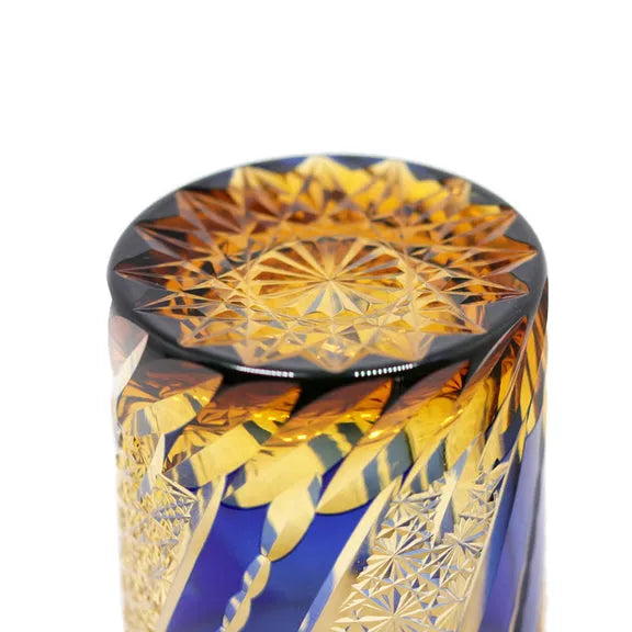 Edo Kiriko Amber & Sapphire Chrysanthemum Whisky Glass – Hand-Carved Premium Crystal Glass | Floating Elegance