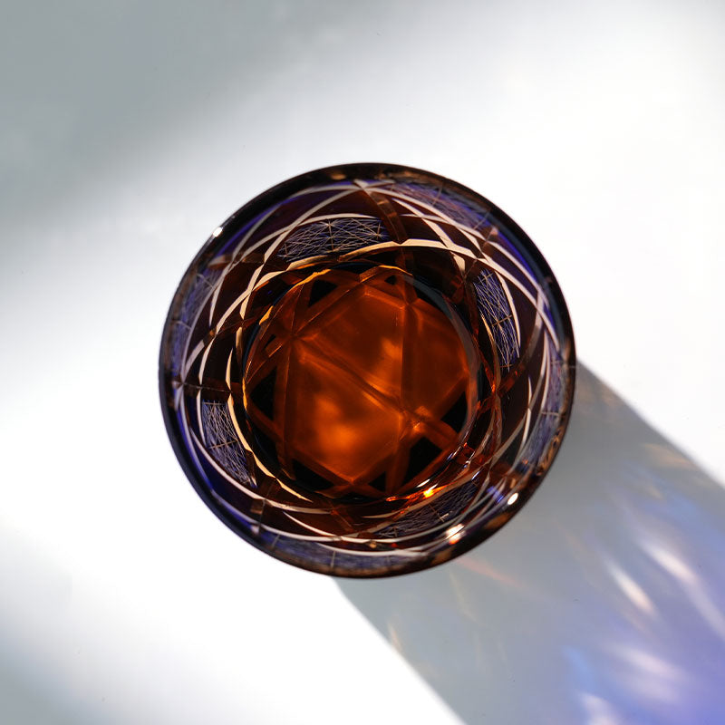 Edo Kiriko Hand-Carved Dark Blue Lightning Pattern Whiskey Glass — A Strike of Power, Craft, and Elegance