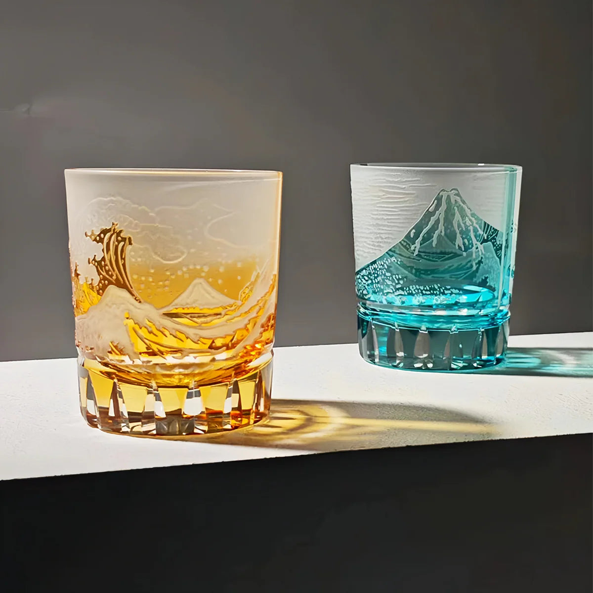 Edo Kiriko Azure Fuji Wave Whisky Glass – Hand-Carved Premium Crystal Glass | Timeless Majesty