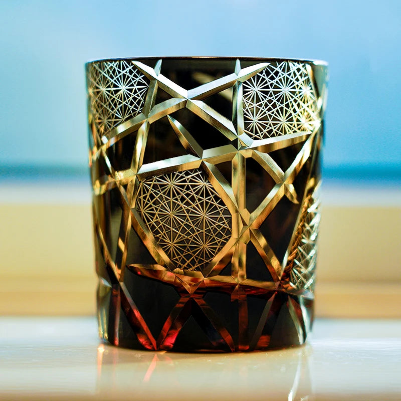 Edo Kiriko Hand-Carved Amber Lightning Pattern Whiskey Glass — A Strike of Power, Craft, and Elegance