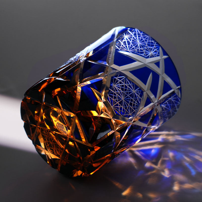 Edo Kiriko Hand-Carved Dark Blue Lightning Pattern Whiskey Glass — A Strike of Power, Craft, and Elegance