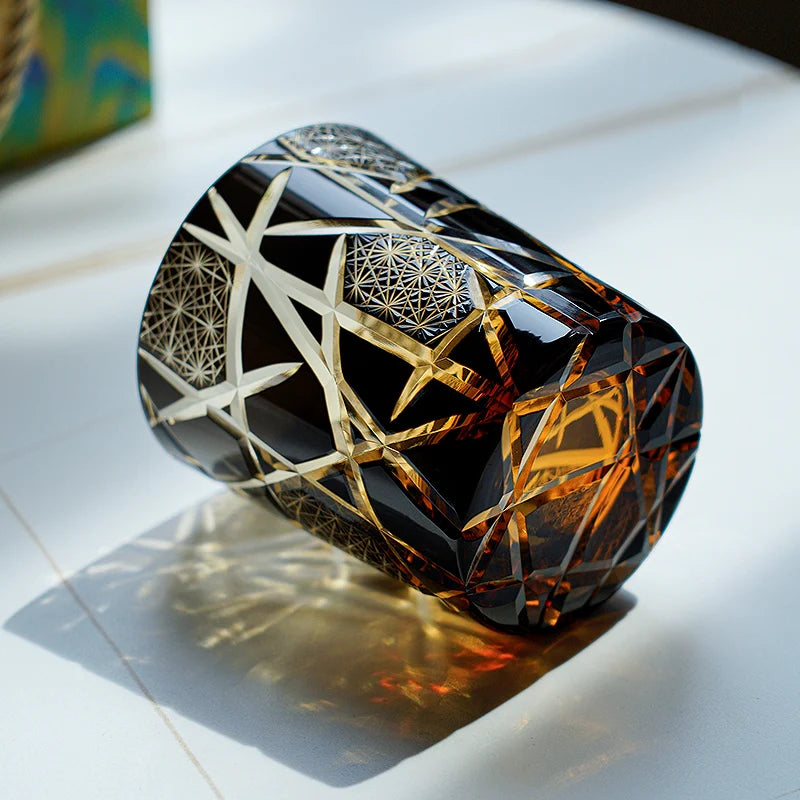 Edo Kiriko Hand-Carved Amber Lightning Pattern Whiskey Glass — A Strike of Power, Craft, and Elegance