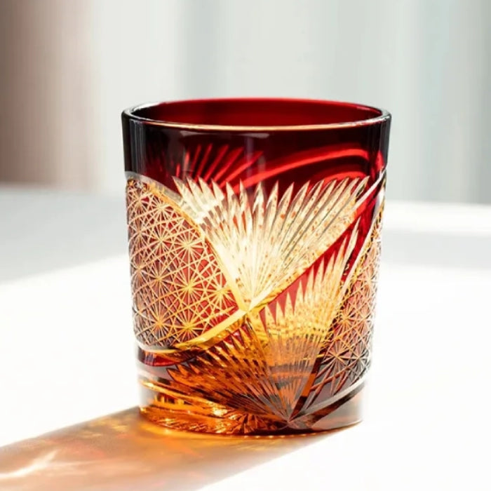 Edo Kiriko Red Crane Feather Whisky Glass – Hand-Carved Premium Crystal Glass | Sunset Wings