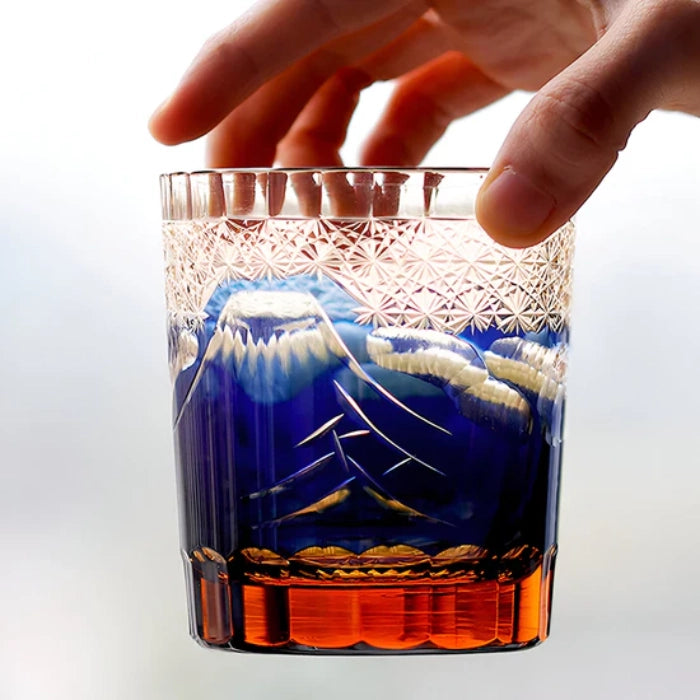 Edo Kiriko Hand-Carved Mount Fuji Whiskey Glass – A Mountain’s Majesty in Blue Crystal