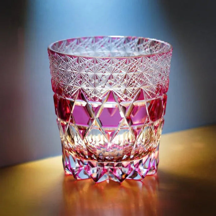 Edo Kiriko Rose Fluorite Whisky Glass – Hand-Carved Premium Crystal Glass | Radiant Romance