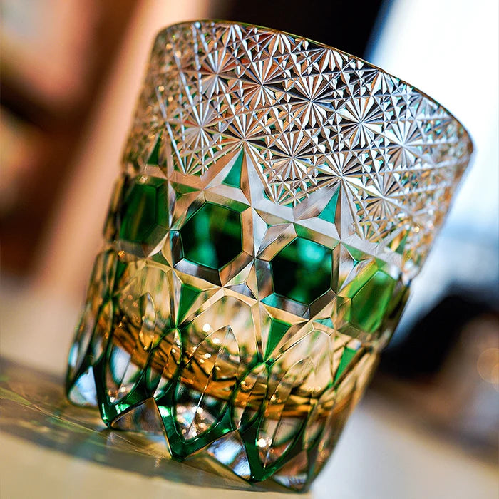 Edo Kiriko Hand-Carved Emerald Fluorite Whiskey Glass – A Verdant Glimmer of Radiance