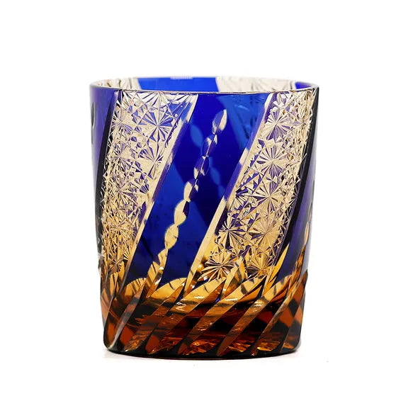 Edo Kiriko Amber & Sapphire Chrysanthemum Whisky Glass – Hand-Carved Premium Crystal Glass | Floating Elegance