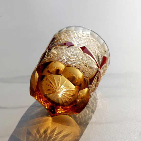 Edo Kiriko Hand-Carved Amber-Red Cross Whiskey Glass – An Intersection of Light and Legacy