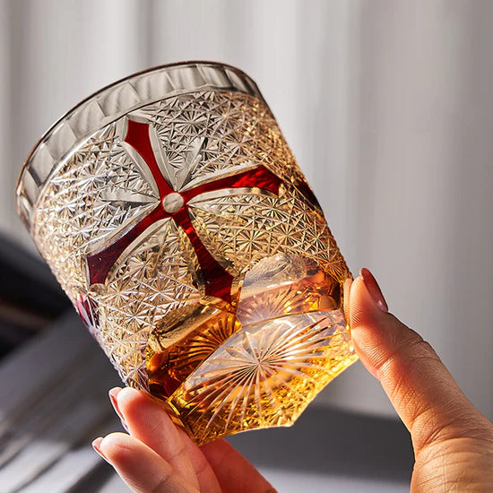 Edo Kiriko Hand-Carved Amber-Red Cross Whiskey Glass – An Intersection of Light and Legacy